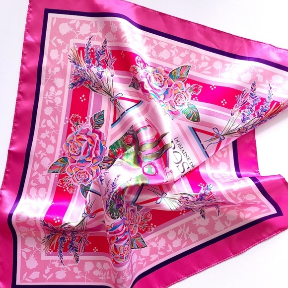 Lancome ROSES SCARF Pink Silk Satin Small Square Scarf V-GRK - Picture 2 of 4